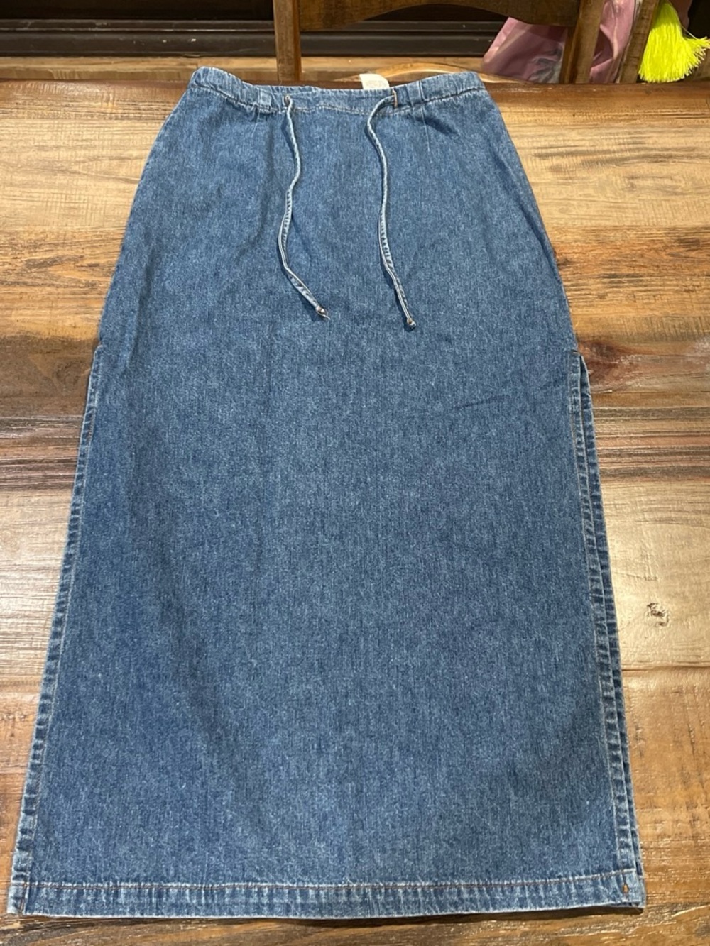 Classic Blue Denim Midi Skirt with Drawstring Waist and high side slits